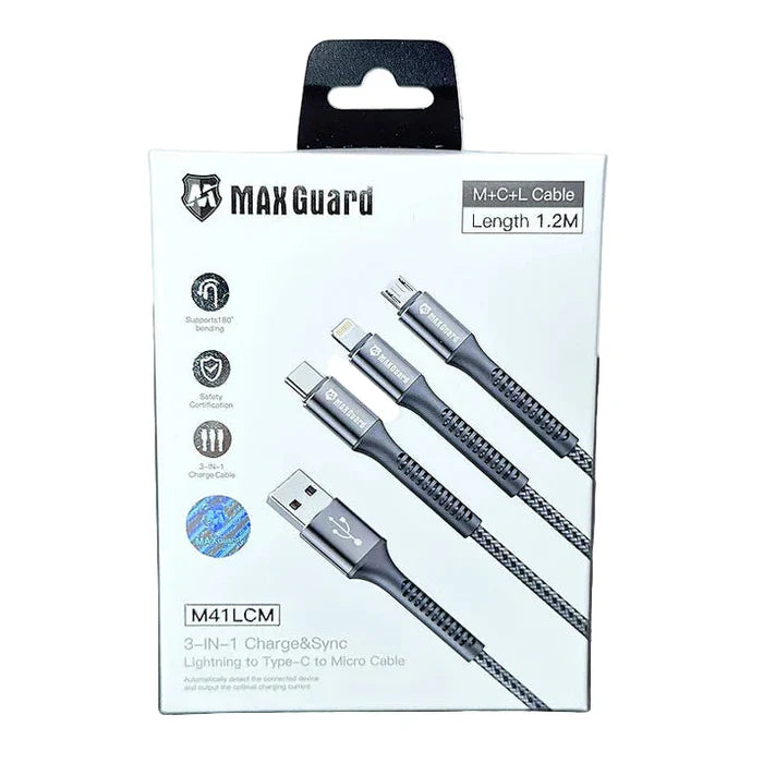 9eight5 Maxguard 1.2M M+C+L electronic cable with connectors, ideal for versatile device connections, shown in the image.