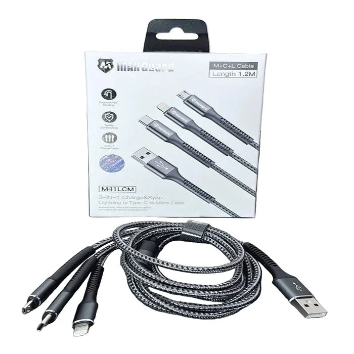9eight5 Maxguard 1.2M M+C+L electronic cable with connectors, showcasing the durable cable and connector ends.