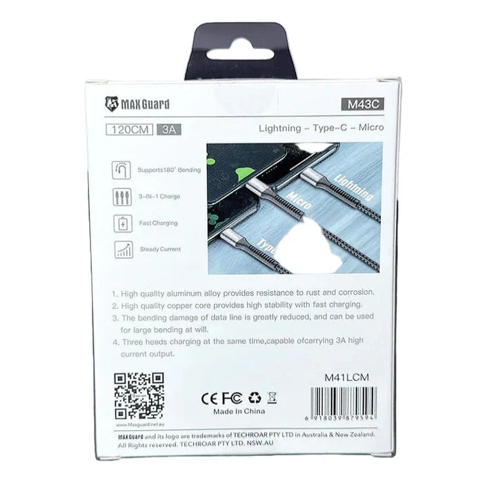 Maxguard 1.2M M+C+L cable by 9eight5, featuring black connectors and a flexible cable for electronic device connectivity.