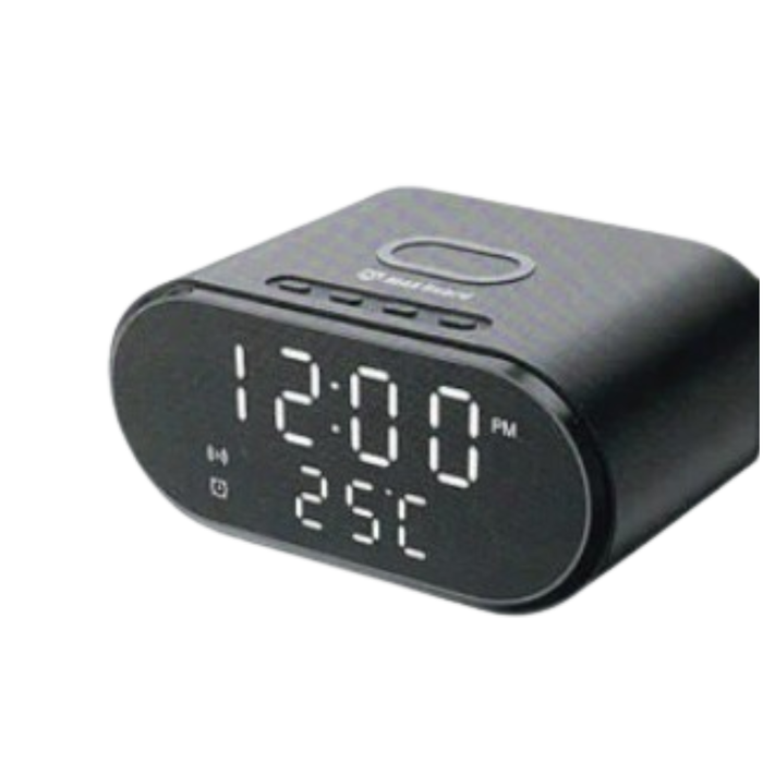 Maxguard 15W 2-in-1 alarm clock and wireless charger by 9eight5, featuring digital display and charging pad on a sleek surface.