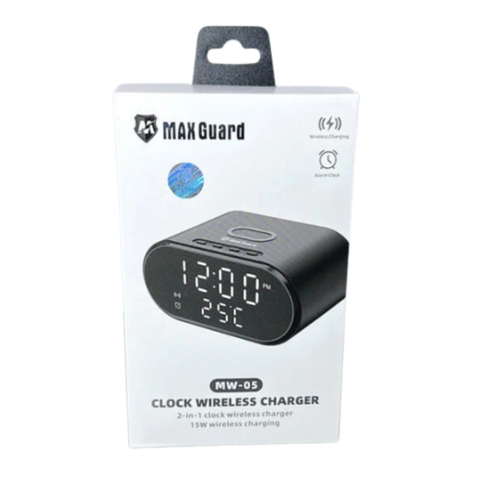 Maxguard 15W 2-in-1 alarm clock and wireless charger by 9eight5, showing the device with digital clock display and charging pad.