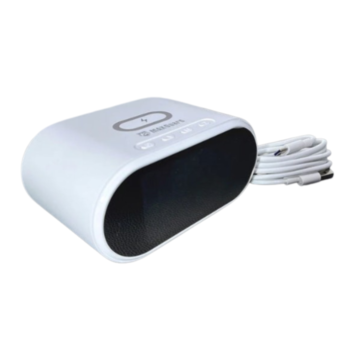 Maxguard 15W 2-in-1 alarm clock and wireless charger from 9eight5, featuring a sleek digital display and charging pad.