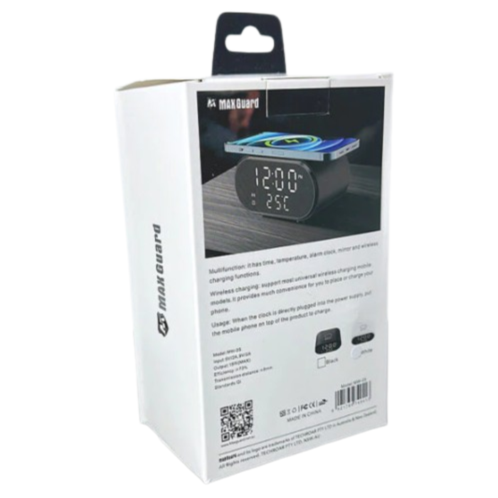 Maxguard 15W 2-in-1 alarm clock and wireless charger by 9eight5, featuring a digital display and charging pad on a sleek surface.