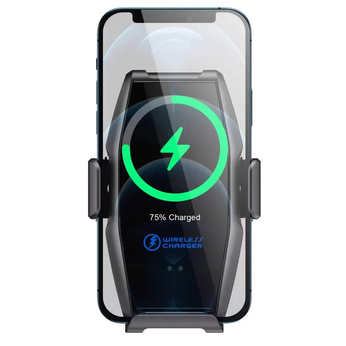 9eight5 Maxguard 15W Wireless Car Charger attached to a vehicle dashboard holding a smartphone for easy charging.