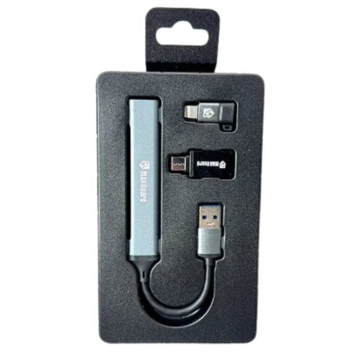 9eight5 Maxguard 4-in-1 multifunctional adapter with multiple ports for electronics accessories, shown with connected cables.