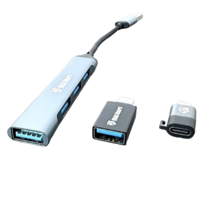 9eight5 Maxguard 4-in-1 multifunctional electronics adaptor with multiple ports and USB connections on a white background.