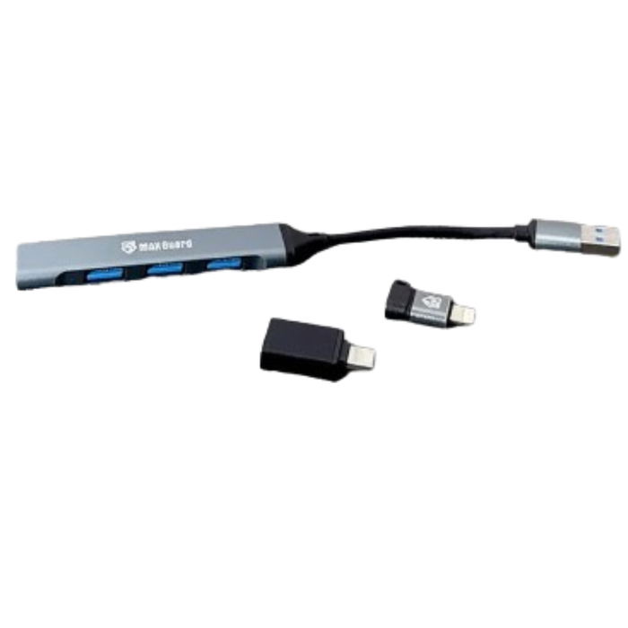 9eight5 Maxguard 4-in-1 multifunctional electronics adaptor with multiple ports and connectors for versatile device compatibility.