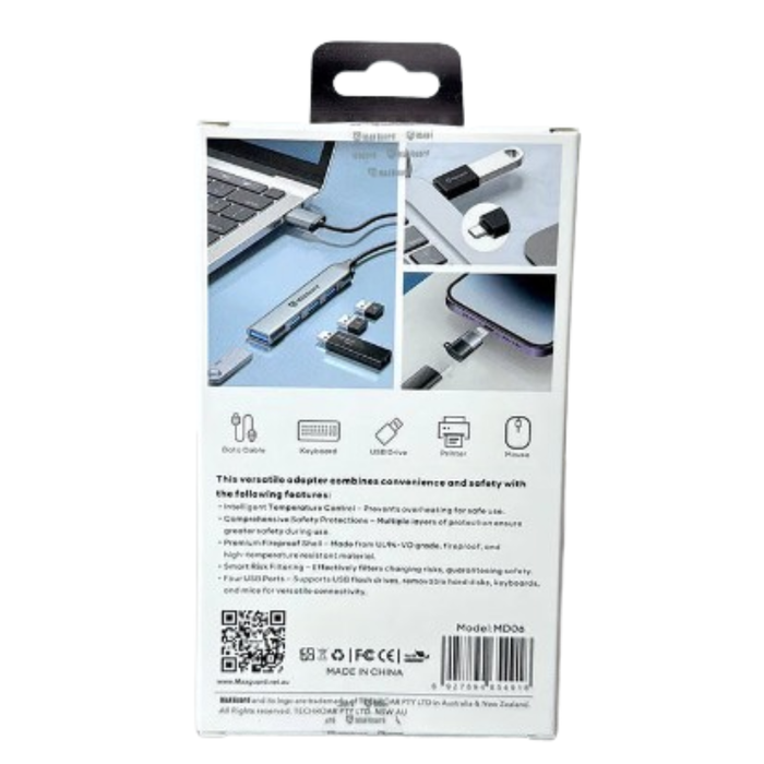 9eight5 Maxguard 4-in-1 multifunctional electronics adaptor with multiple ports and plugs, used for versatile device connectivity.