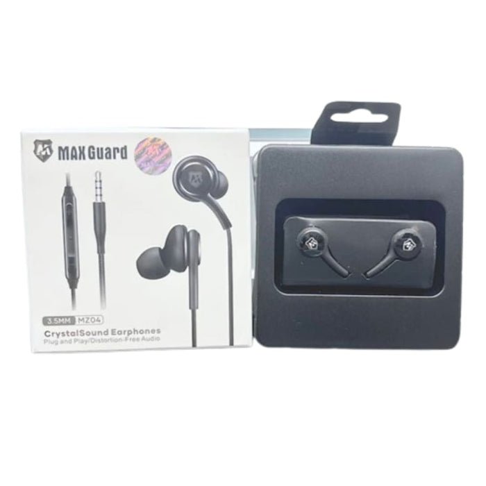 Maxguard Crystal Sound Earphones MZ04 by 9eight5, sleek in-ear headphones with clear audio, designed for phones and tablets.