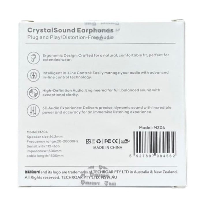 Maxguard Crystal Sound Earphones MZ04 for phones and tablets, featuring sleek design and in-ear fit for clear audio.