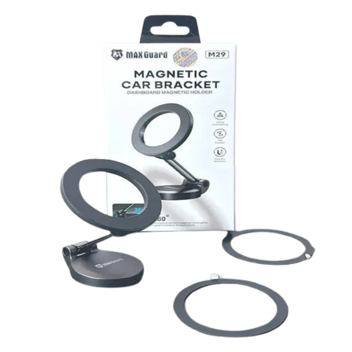 Maxguard Magnetic Car Holder M29 by 9eight5 for phones and tablets, shown mounted on a vehicle dashboard with a mobile device attached.