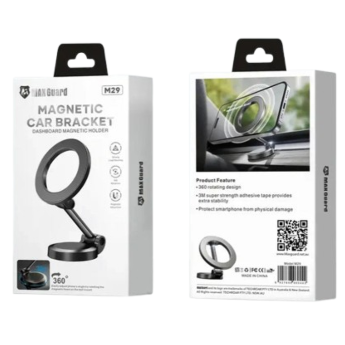 Maxguard Magnetic Car Holder M29 by 9eight5 securing a smartphone with a magnetic grip for easy in-car use.