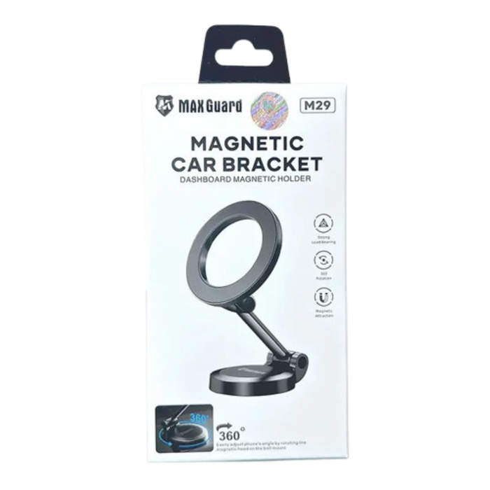 Maxguard Magnetic Car Holder M29 for phones and tablets, featuring a sleek design and strong magnetic grip, compatible with various devices.