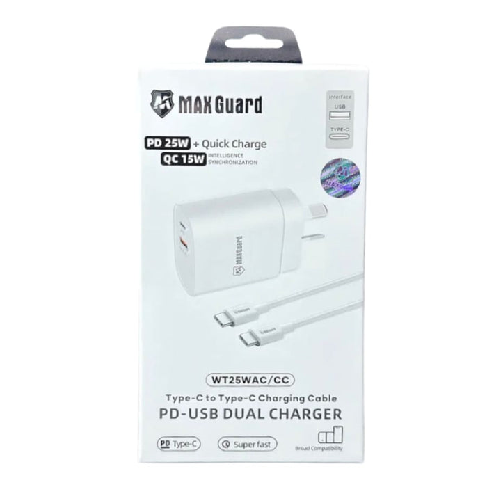 9eight5 Maxguard Type C and USB power adapter wall plug with Type C to Type C cable, suitable for NZ and AUS outlets.
