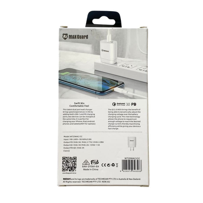 9eight5 Maxguard Type C and USB power adapter wall plug with Type C to Type C cable for NZ and AUS outlets.