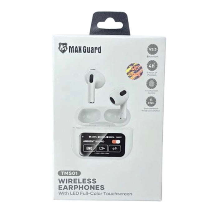 Maxguard wireless earphones with LED color touchscreen, designed for phones and tablets, in black with sleek design and touch controls.