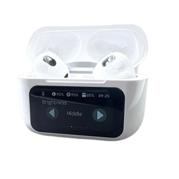 Maxguard wireless earphones with LED color touchscreen, designed for phone and tablet accessories, featuring sleek design and touch controls.