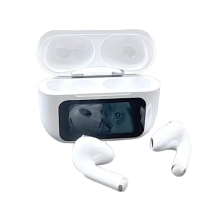 Maxguard wireless earphones with LED color touchscreen, suitable for phones and tablets, in a sleek design.