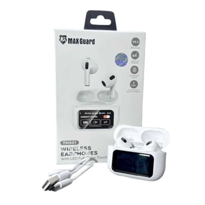 Maxguard wireless earphones with LED color touchscreen, stylish phone and tablet accessory with sleek design.