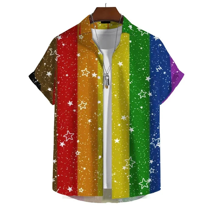 Men’s 3D print rainbow shirt by Habicare featuring vibrant rainbow designs on a short-sleeve SS shirt.