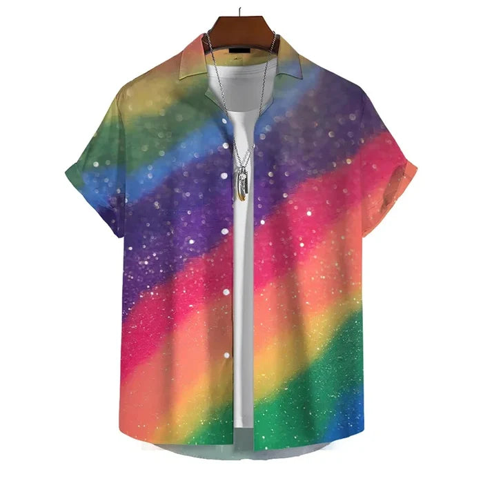 Men’s 3D Print Rainbow Shirt by Habicare, short sleeve SS style with vibrant rainbow designs, available in 10 patterns.