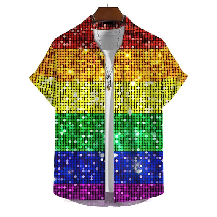 Men’s 3D print rainbow shirt by Habicare, short sleeve design with vibrant rainbow patterns, available in 10 different styles.