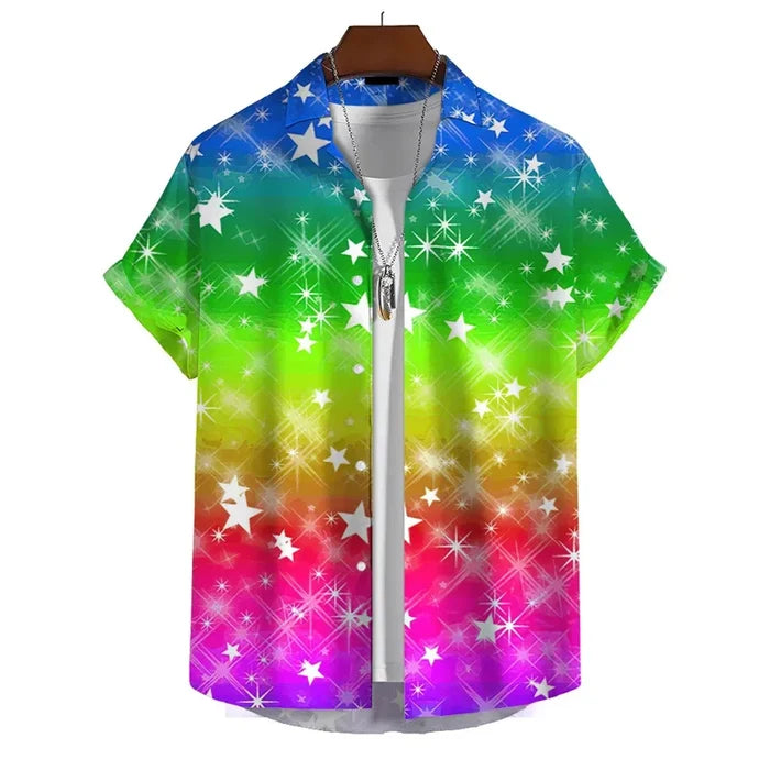 Men’s 3D Print Rainbow Shirt by Habicare, short sleeve design with vibrant rainbow patterns, available in 10 different styles.