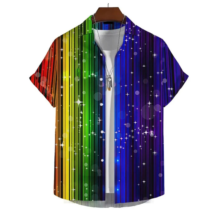 Men’s 3D Print Rainbow Shirt by Habicare featuring vibrant rainbow designs, short-sleeve style, shown on a model.