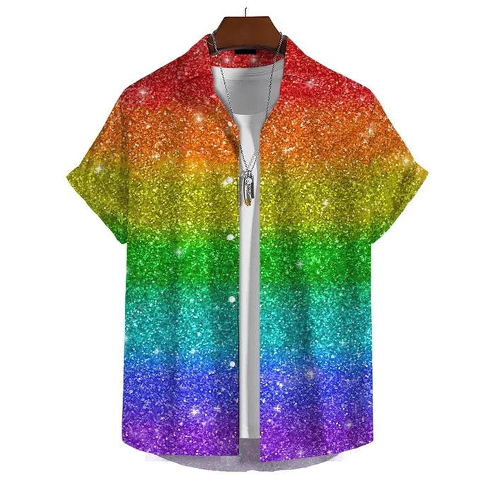 Men’s 3D Print Rainbow Shirt by Habicare, short sleeve design featuring vibrant rainbow patterns on lightweight fabric.