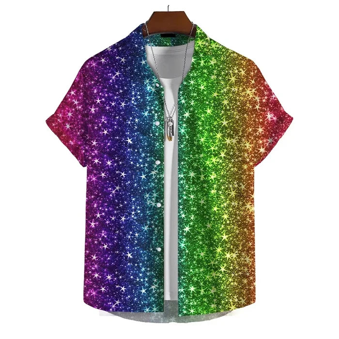 Men’s 3D print rainbow shirt from Habicare in SS style, featuring vibrant rainbow designs and a comfortable fit.