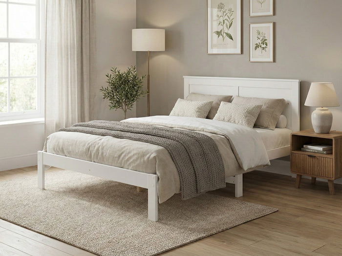 White queen-sized 'Metro' solid pine bed frame by sue-e furniture, showcasing its sturdy wooden construction and modern design.