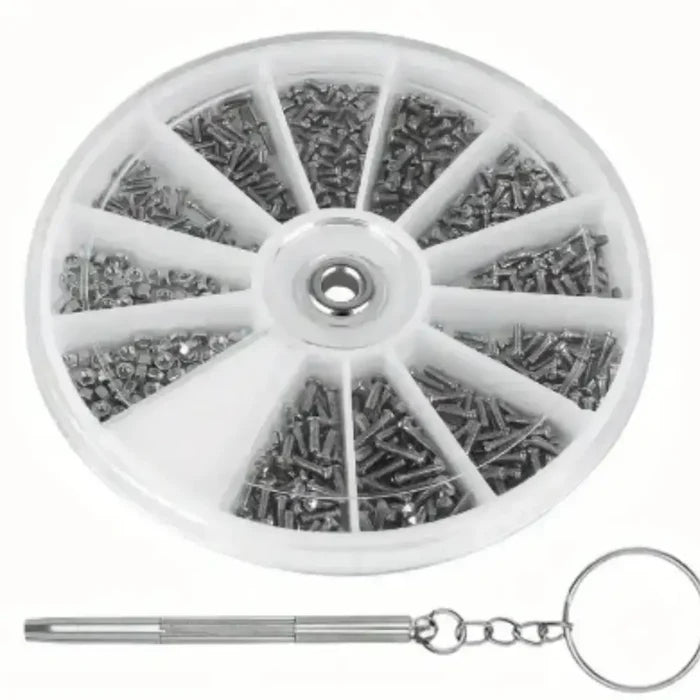 Habicare micro screw set for glasses, watches, phones, and tablets, includes tiny screws and tools for precise repairs.