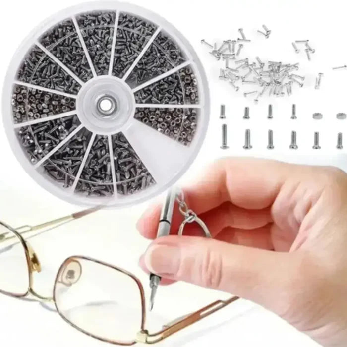 Habicare micro screw set for glasses, watches, phones, and tablets, includes precision screws and tools for repairs.