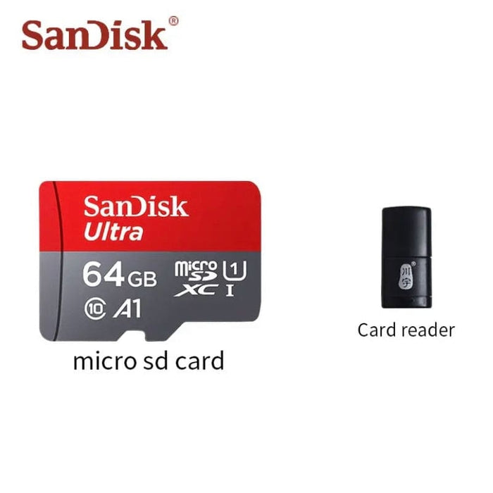 SanDisk 64GB micro SD memory card with adapter, compact electronics accessory for expanding storage on devices.