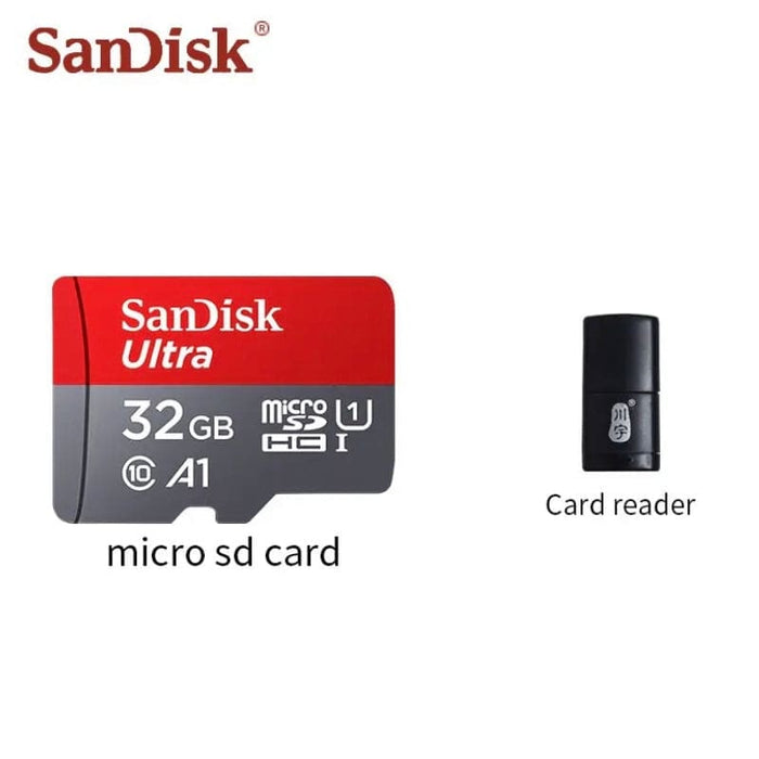 SanDisk 32GB micro SD memory card with adapter, compatible with electronics devices, in a compact design.