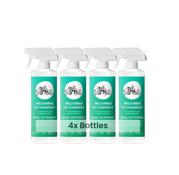 MicroMed Livestock Acute Care bundle with four 500ml bottles, used for immediate animal health treatment.
