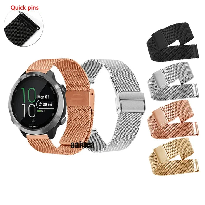 Habicare Milanese strap for Garmin Venu, Vivoactive, Forerunner series in 20mm and 22mm, displayed in four color options.