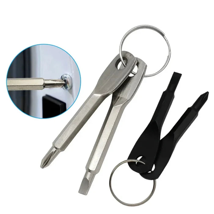 HBC Habicare mini keychain screwdriver tool with Phillips and slotted heads, shown in two available colors.