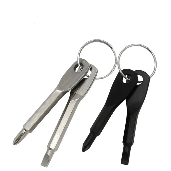 Mini Habicare HBC keychain screwdriver with Phillips and slotted tips in two colors, compact and portable tool for quick repairs.