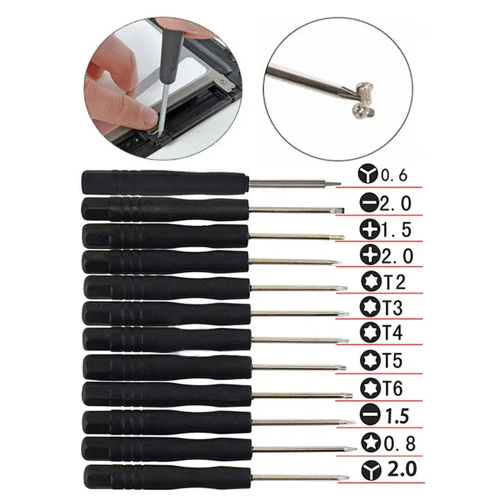 Habicare Mini Precision Screwdriver Set 12-in-1 with HBC branded tools, featuring small screwdrivers for electronics and detailed repairs.