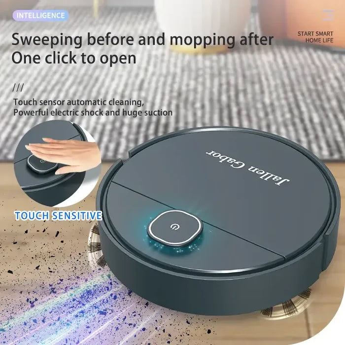 Habicare Mini Robo Vacuum, 3-in-1 smart sweeping robot with wireless design for home cleaning.