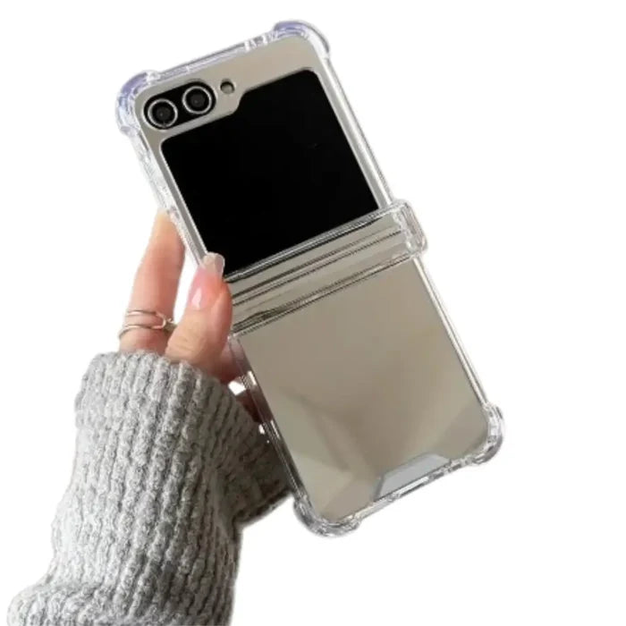 Magnetic mirror case for Samsung Z Flip series by Habicare, featuring a sleek design and reflective surface.