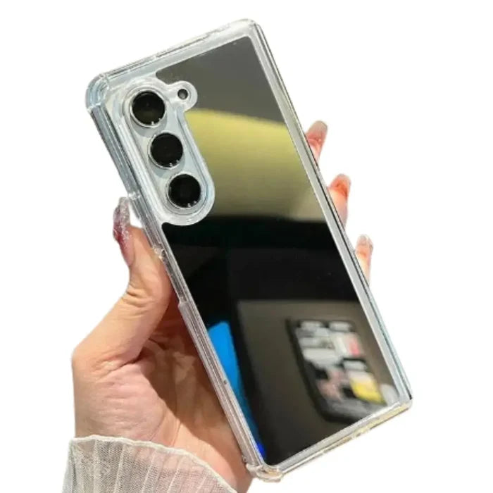 Mirror finish case for Samsung Galaxy Z Fold 3, 4, 5, and 6 by Habicare, showcasing a sleek, reflective design.