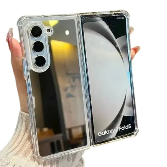 Mirror finish case for Samsung Galaxy Z Fold 3, 4, 5, and 6 by Habicare, showcasing sleek reflective surface on the phone.