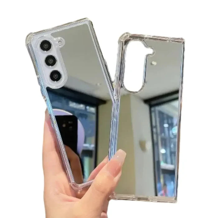 Habicare 9eight5 mirror finish case for Samsung Galaxy Z Fold 3, 4, 5, and 6, showing a sleek reflective surface on the foldable phone.