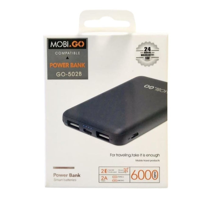 9eight5 Mobigo 6,000 mAh portable power bank with USB ports, compact design for phone and tablet charging.