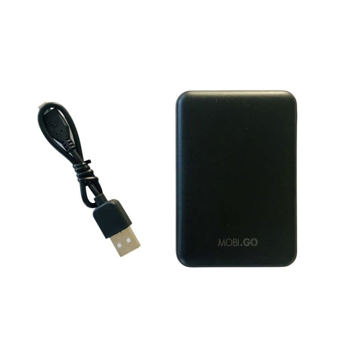 9eight5 Mobigo 6,000mAh power bank with USB ports, compact design, and digital display for phone and tablet charging.