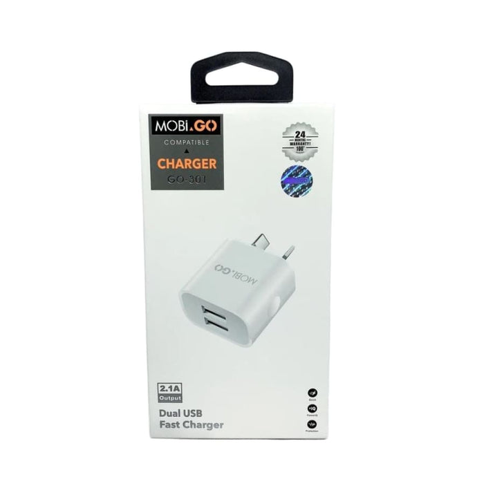 9eight5 Mobigo Dual USB Power Adapter wall plug for NZ and AUS outlets, compact electronics accessory with two USB ports.