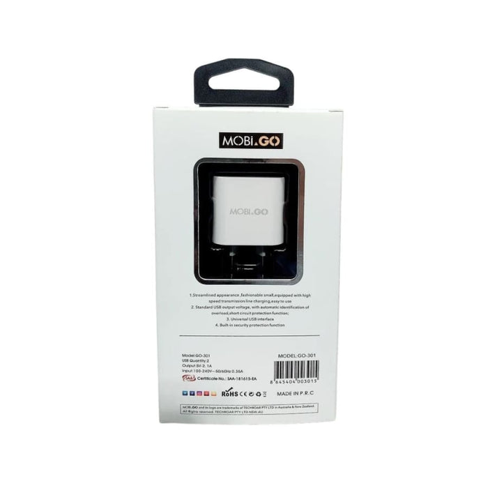 9eight5 Mobigo dual USB power adapter wall plug for NZ/AUS outlets, shown with packaging and labeling.