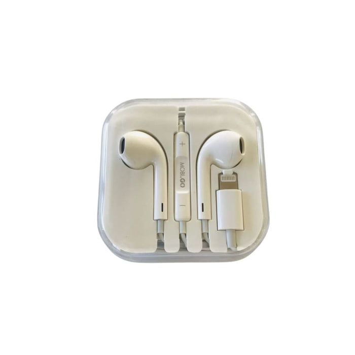 Mobigo earphones from 9eight5, black in-ear headphones with inline microphone for phones and tablets, shown on a white background.